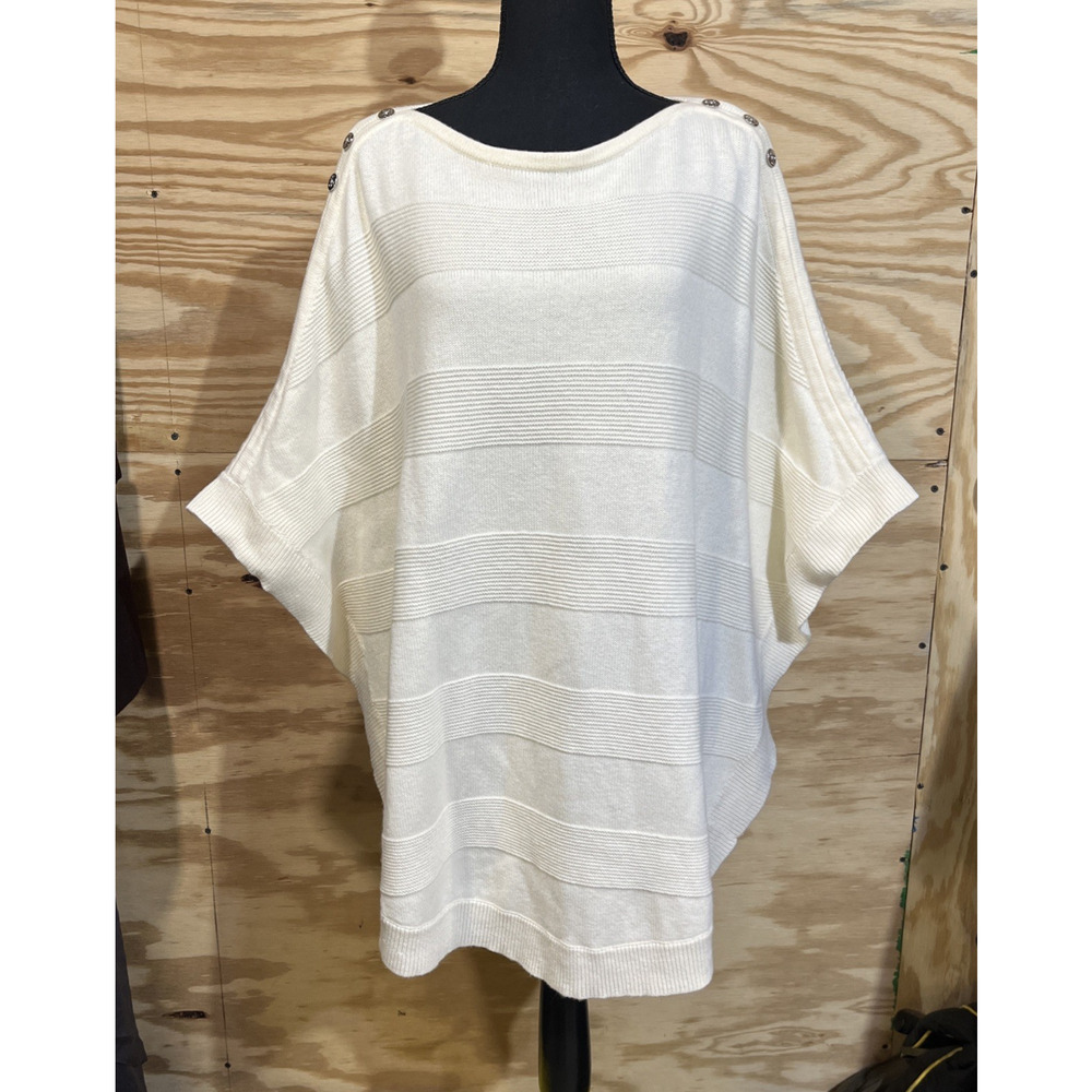 Talbots Tight Knit Cape Poncho Sweater Ivory Wool Blend Womens Large Buttons